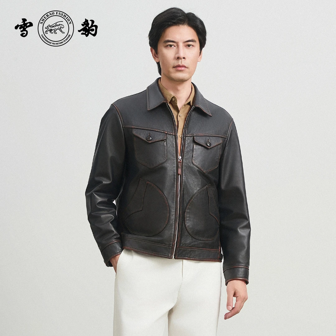 【专柜】雪豹2025新款85545牛皮翻领复古真皮皮衣商务朋克男皮夹克