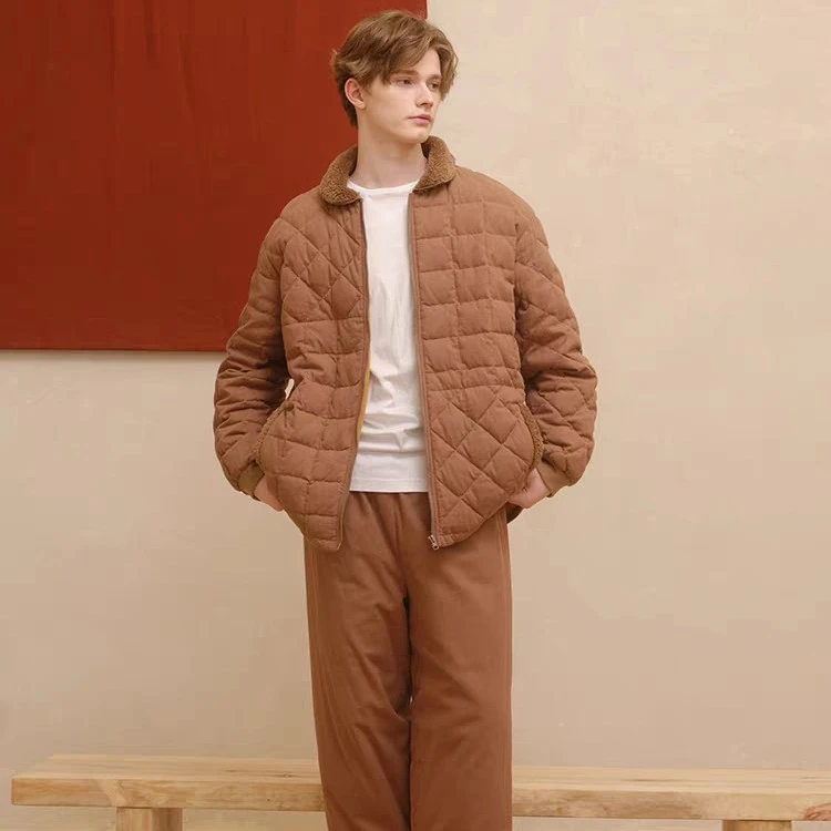 男士秋冬时尚方格毛领保暖夹棉家居服套装