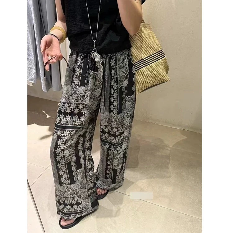 【现货+运补】复古印花休闲裤女夏季松紧腰显瘦气质时髦洋气百搭