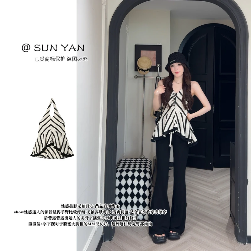 萱萱新款【美学条纹】性感挂脖露背修身显瘦无袖条纹背心上衣