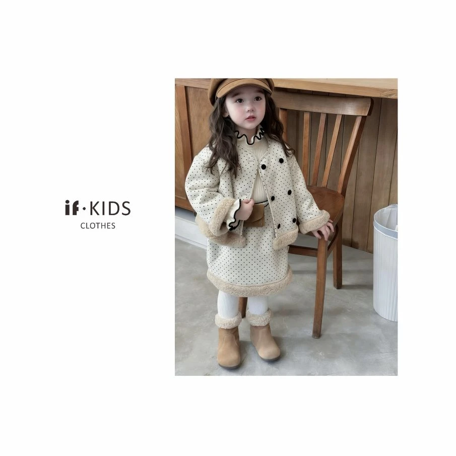 【IF高定】秋冬新款女宝波点碰撞羊羔毛拼接外套软糯半身裙保暖套装