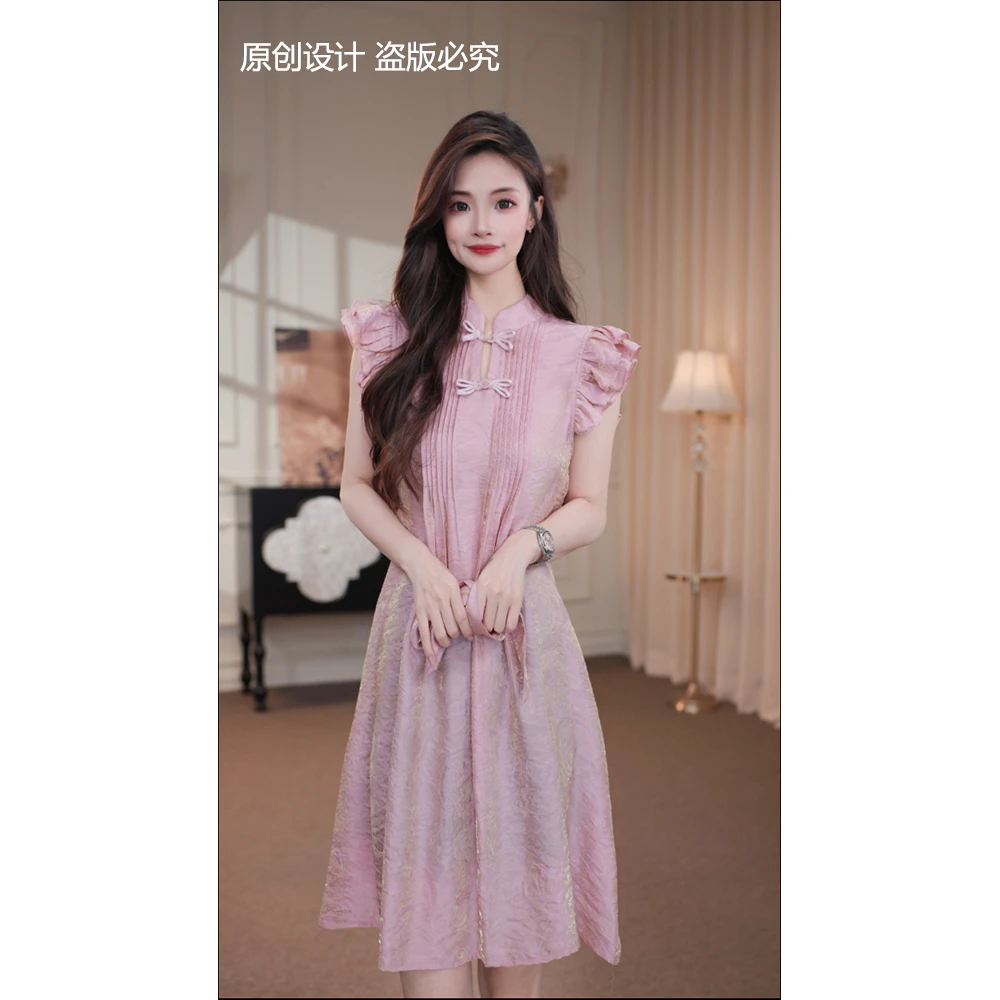 宁宁·桃夭·夏季新款圆领捏褶花边袖百搭显瘦高贵连衣裙