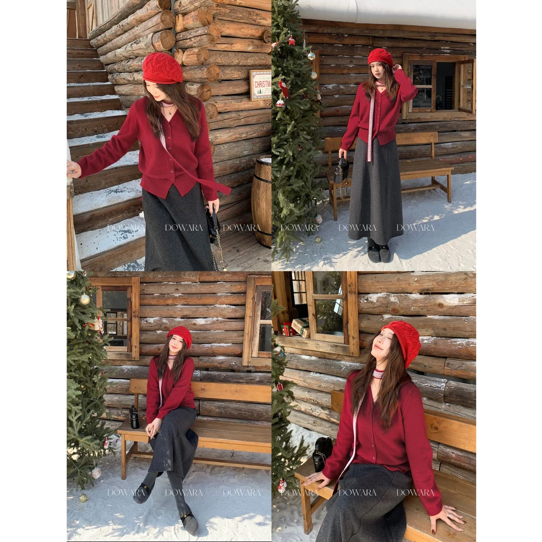 现货3105X大婉酱肉肉微胖定制【玫瑰人生】V领毛织开衫上衣配小围巾