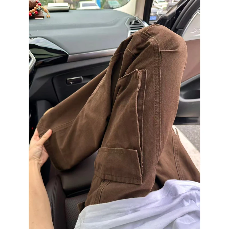 美式复古咖棕色伞兵褶皱工装裤男款多口袋宽松裤子纯棉休闲直筒裤