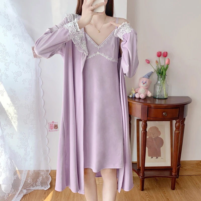 BIEN睡袍两件套睡裙女秋冬季甜美公主风法式吊带性感家居服可外穿