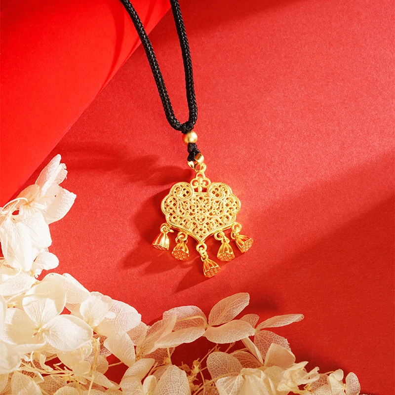 铜合金项链 古法传承镂空如意锁镂空流苏项链铜合金莲蓬黑绳调节