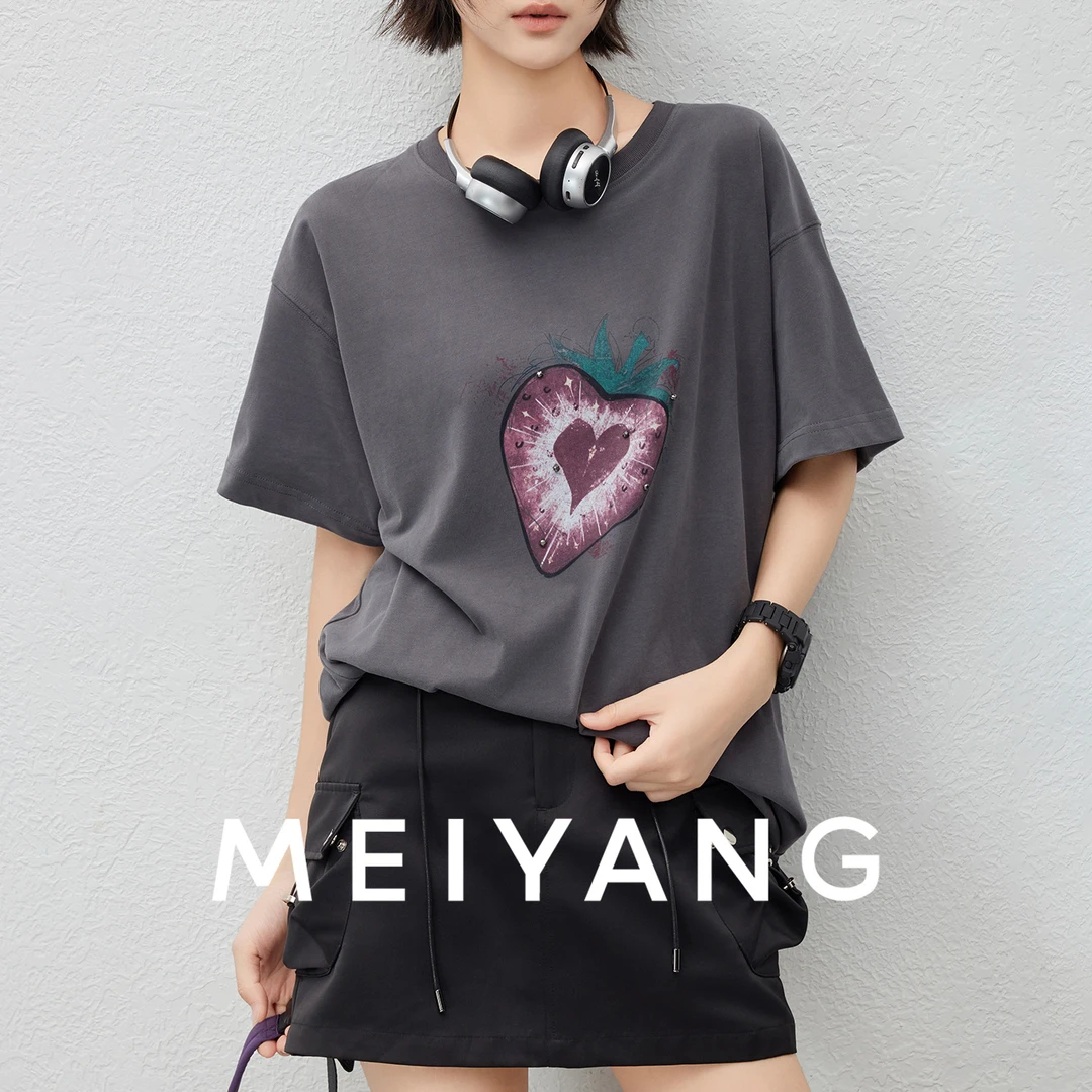 美洋MEIYANG【现货】摇滚草莓T 甜酷平纹精梳棉圆领短袖印花-周三