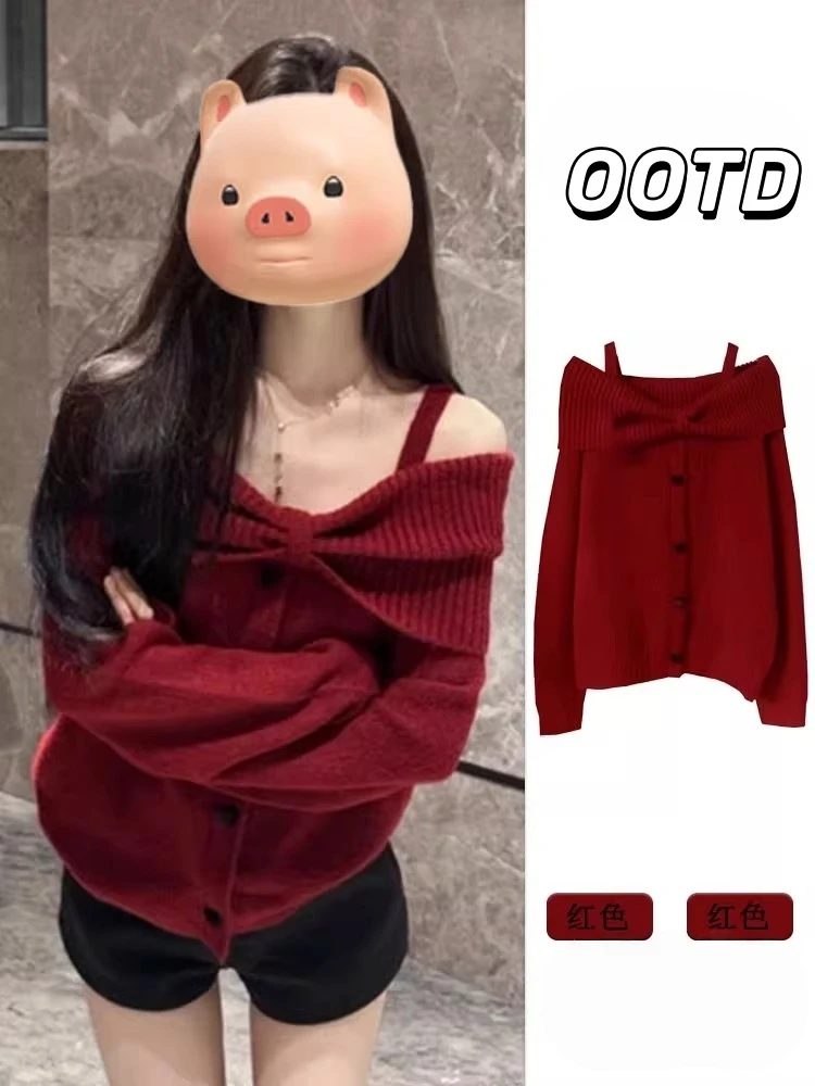 圣诞节氛围感穿搭一字肩蝴蝶结毛衣女秋冬季慵懒风露肩吊带针织衫