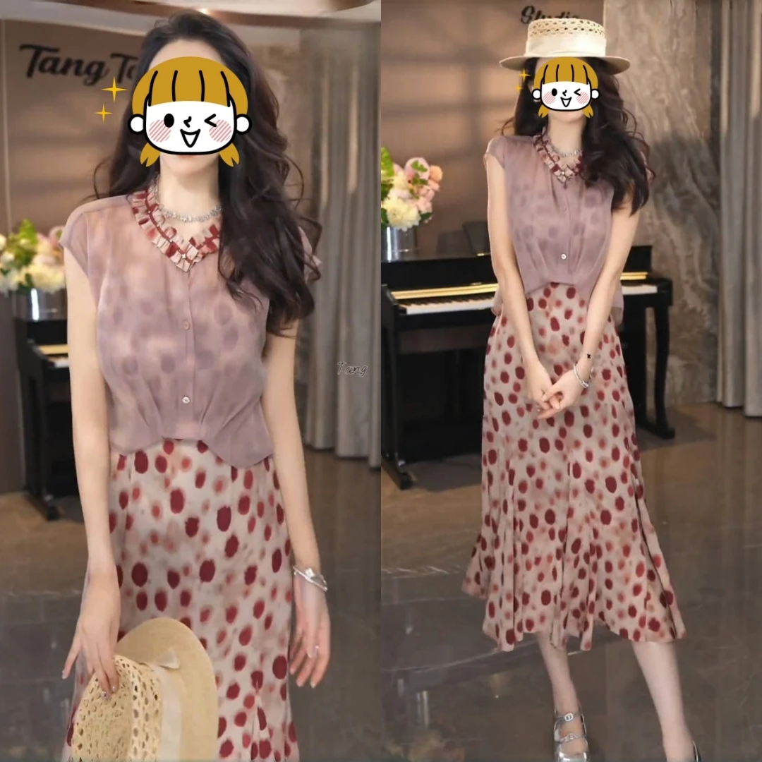 2025夏季新款时尚气质显瘦短袖薄款罩衫中长款无袖连衣裙两件套装