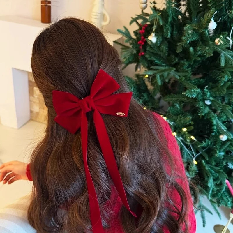 新年红色丝绒蝴蝶结飘带鸭嘴夹甜美半披发发饰后脑勺气质盘发抓夹