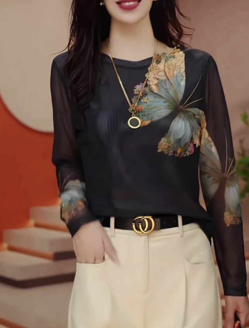 高级感圆领蝴蝶印花双层修身透气百搭长袖夏季网纱打底T恤女1630