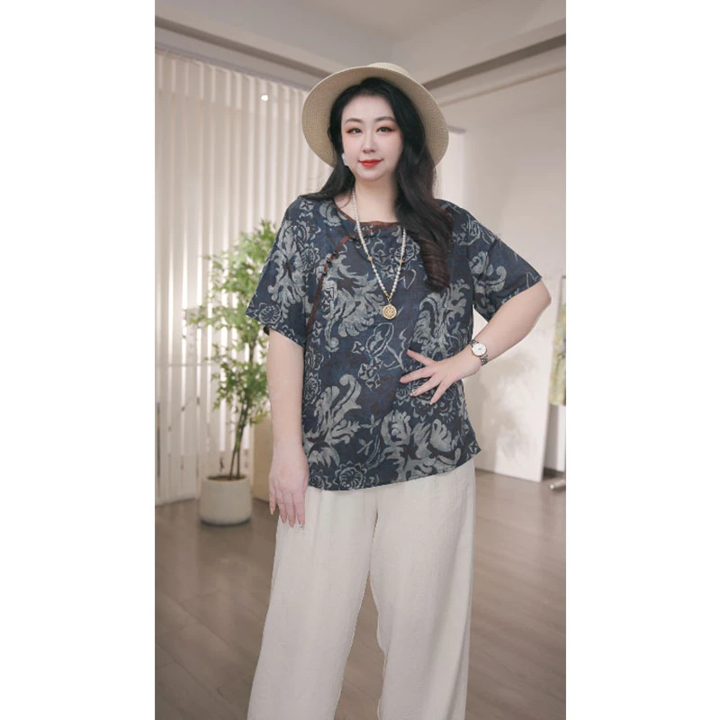 大码女装宽松新中式短袖圆领女性常规休闲风显瘦T恤