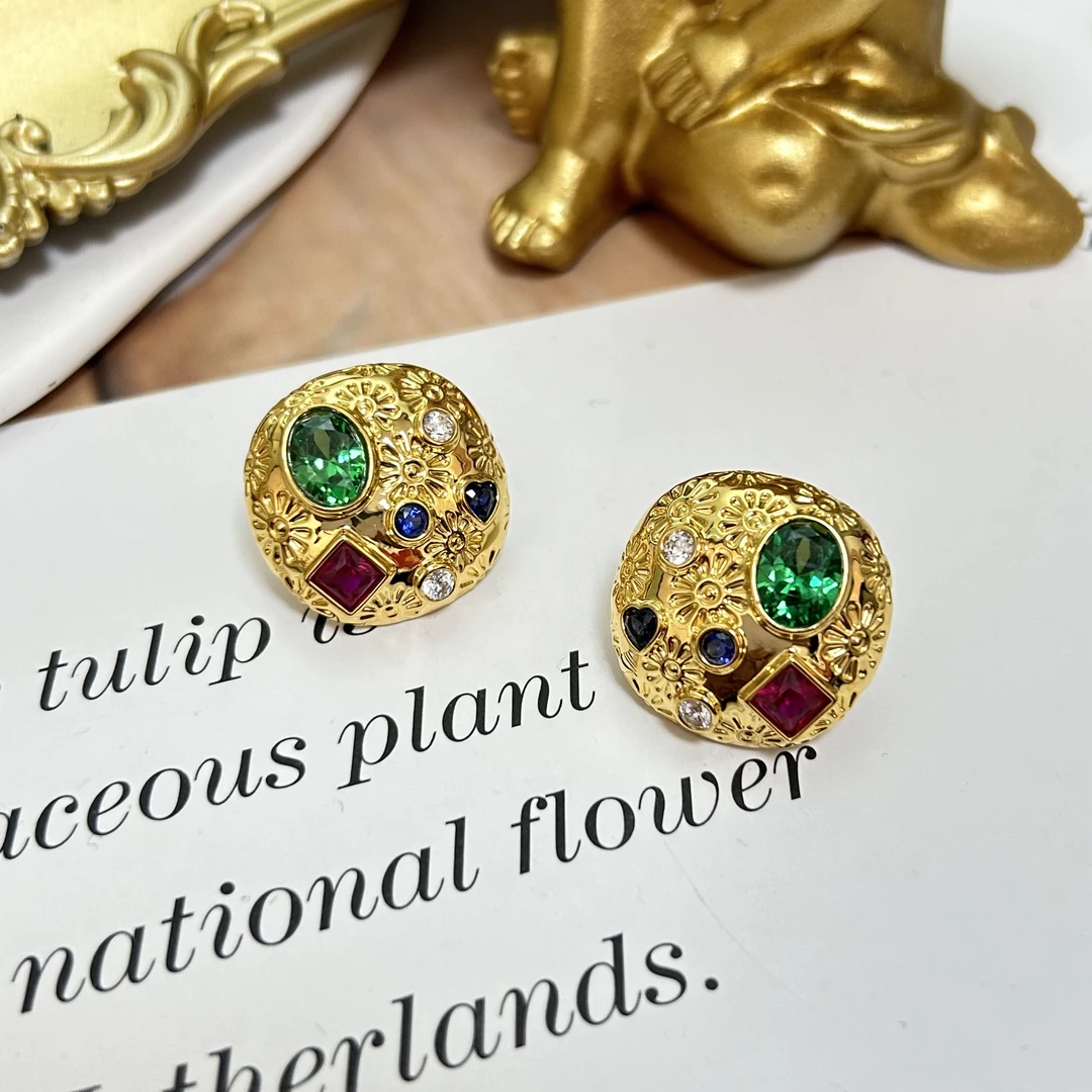 足金999黄金无氰时尚硬金彩色小众风格复古气质镶嵌耳针合集6.6