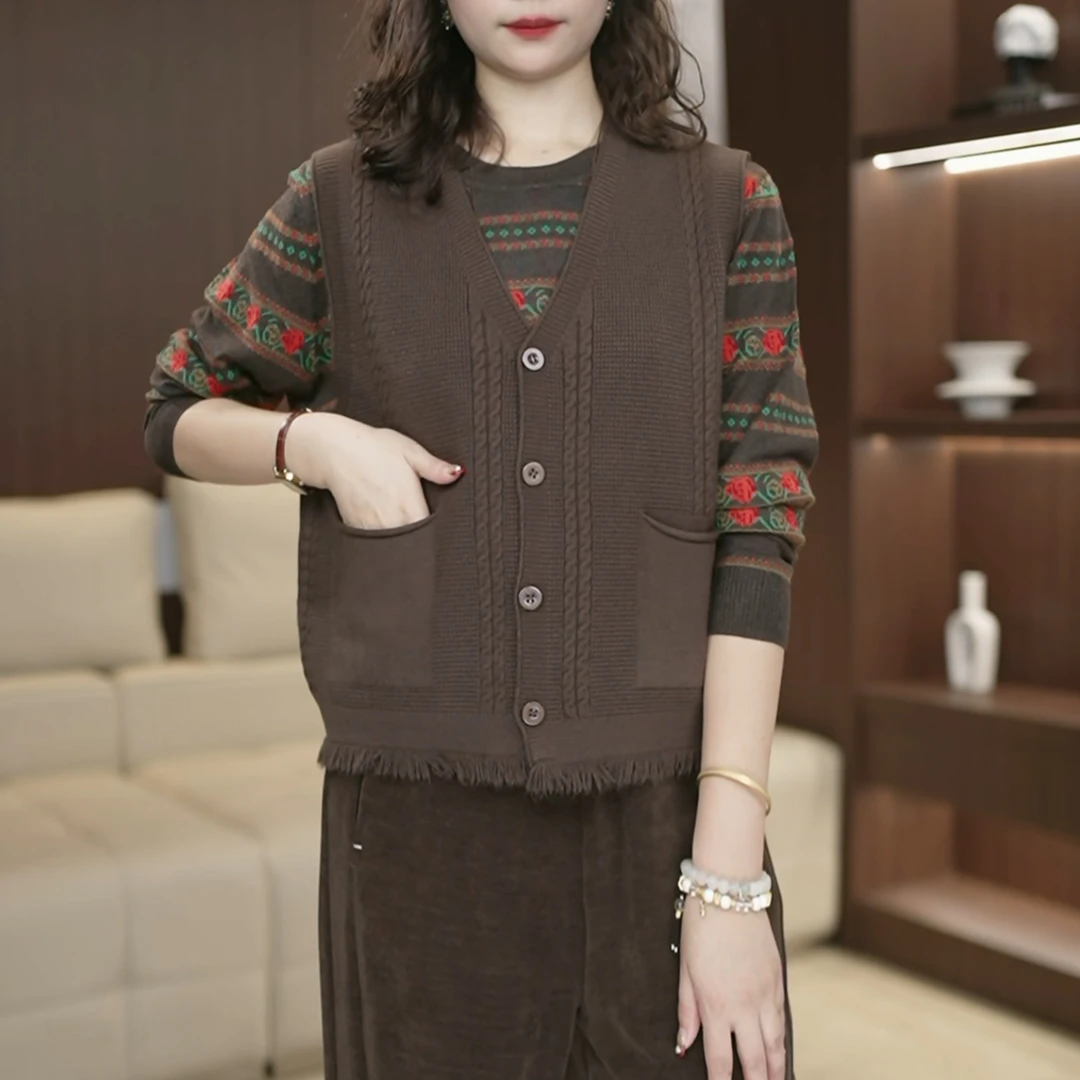 马甲开衫女春秋季宽松百搭毛衣小坎肩外穿V领毛衣针织衫3405
