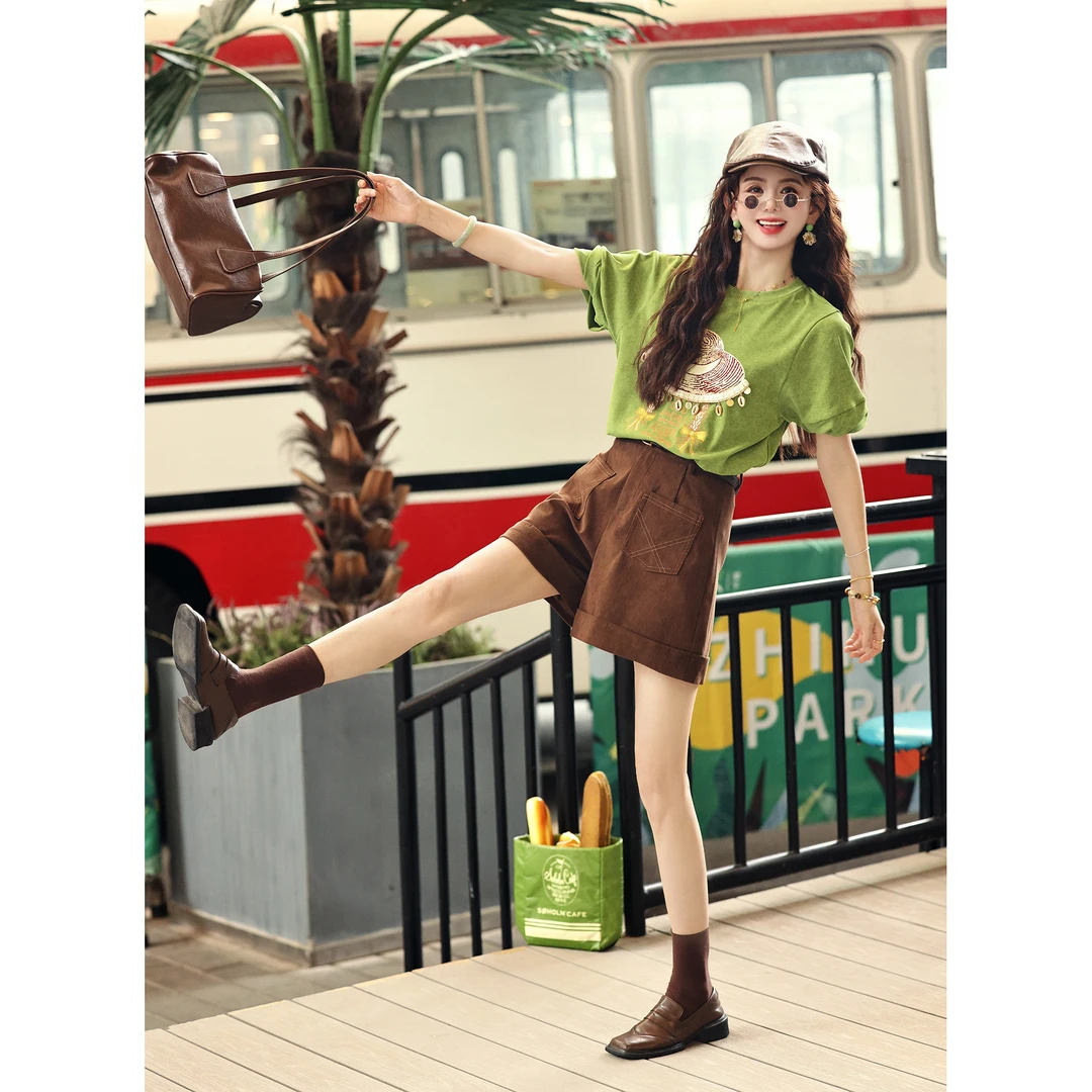 陈大器【海边草帽】港风复古夏季短袖拼色T恤休闲上衣JP1666303