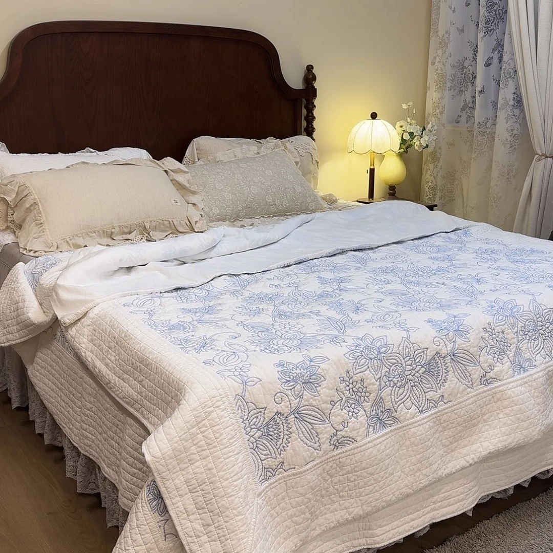 棉蓝色刺绣四件套加大