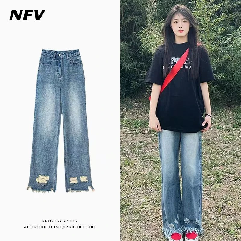 高街裤腿破洞毛边牛仔裤女高腰宽松直筒裤显瘦做旧阔腿裤