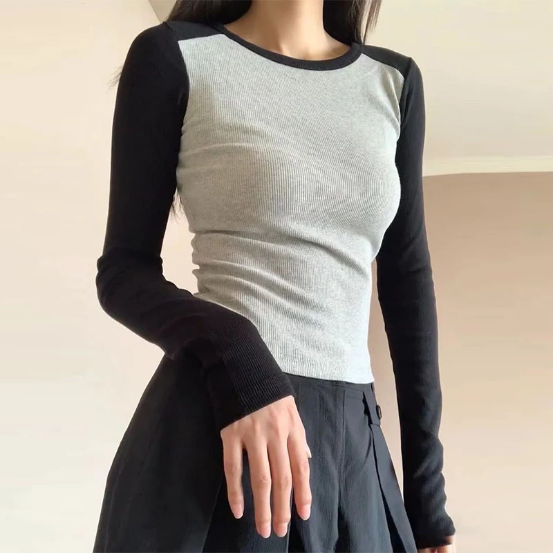 小个子撞色插肩长袖t恤女春秋季纯欲辣妹内搭修身显瘦打底衫上衣