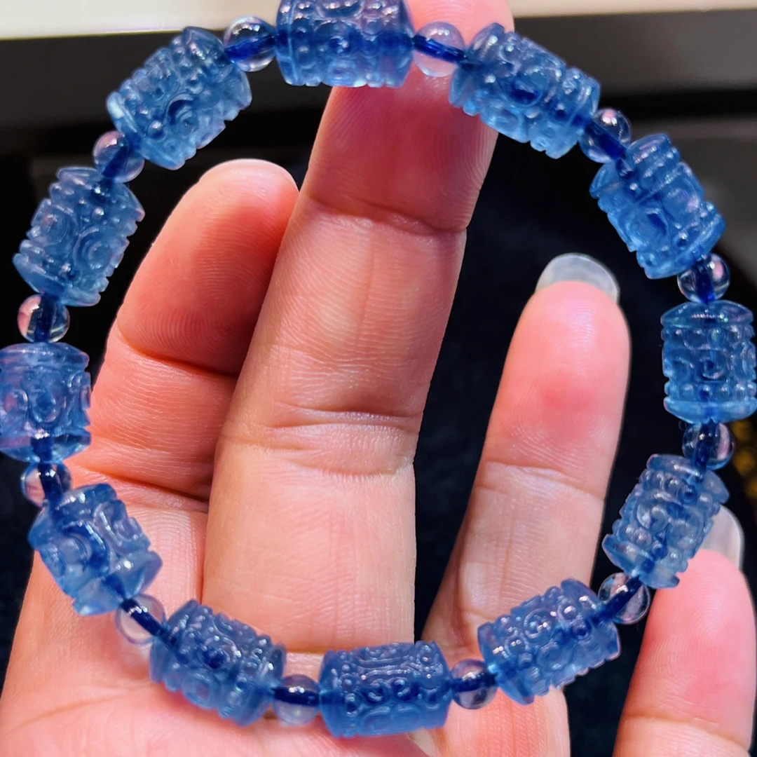 天然海蓝宝雕刻回纹桶珠手链（11/8mm）克重16.7克
