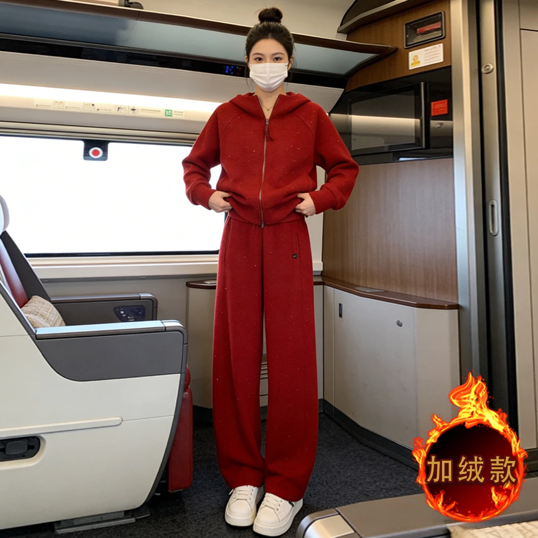 时尚减龄运动套装女秋冬新款宽松显瘦拉链开衫上衣阔腿长裤两件套
