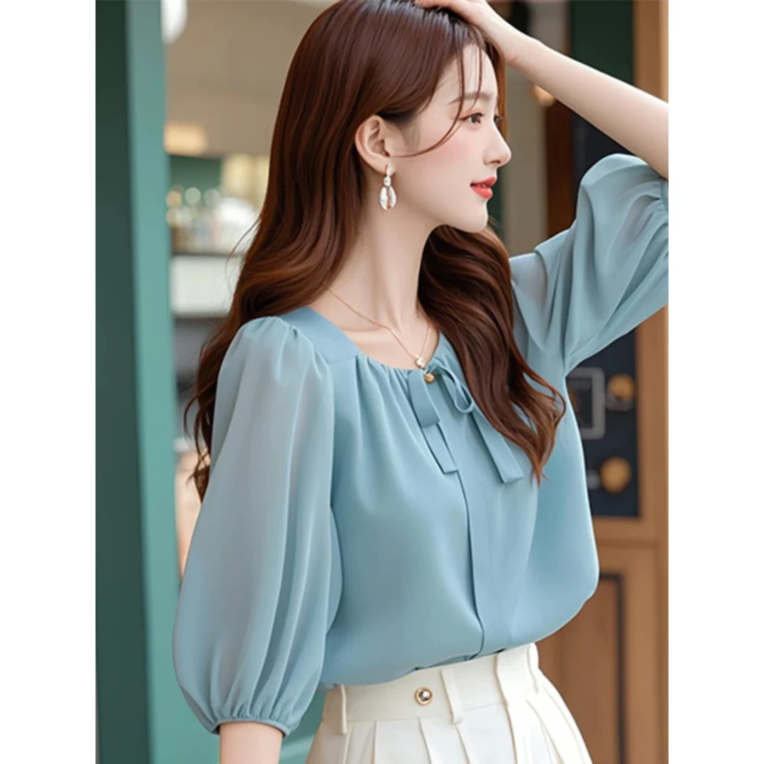 韩系chic别致通勤圆领雪纺衫女春季新款休闲百搭五分袖洋气小衫