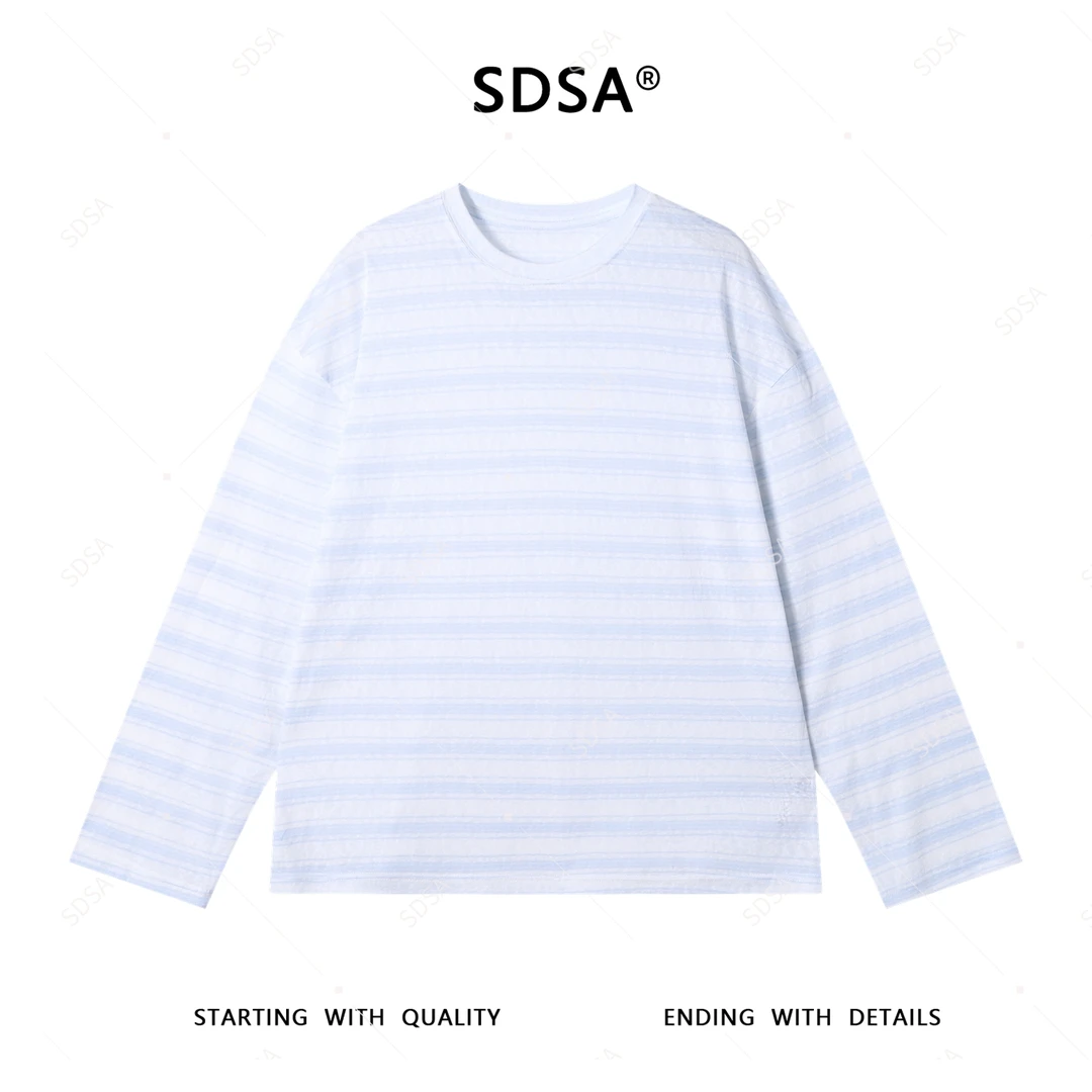 SDSA秋季新款男士痞帅潮牌简约休闲条纹圆领长袖T恤百搭宽松上衣