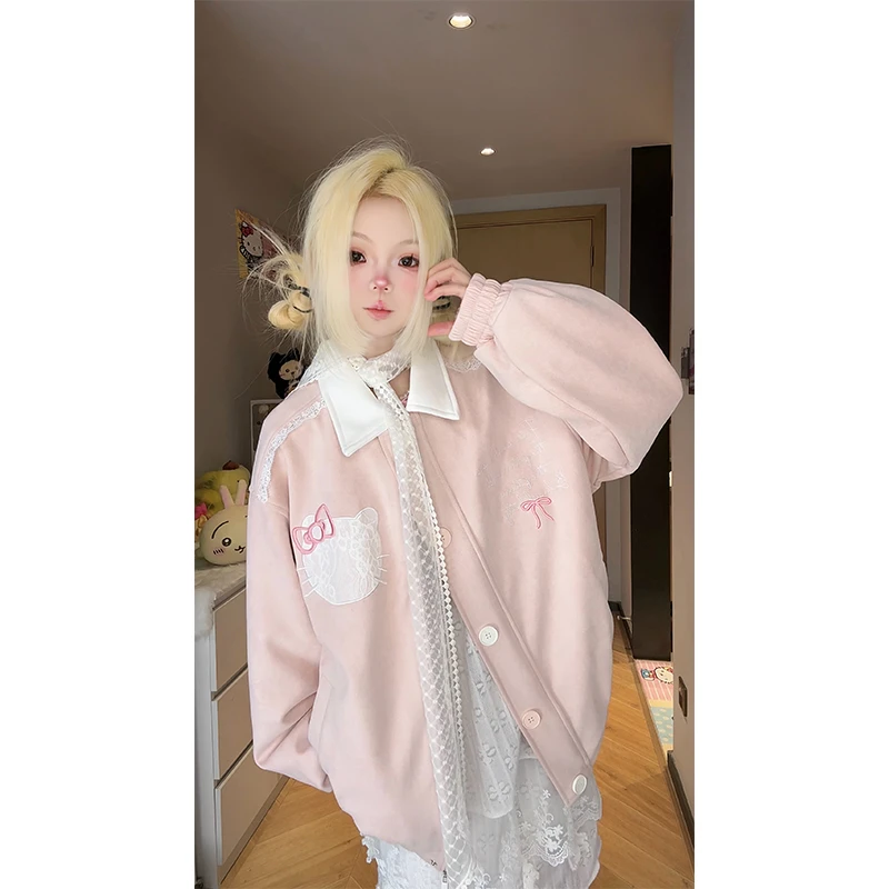 凛可爱 甜美卡通刺绣翻领开衫外套春季新款韩版百搭夹克上衣女