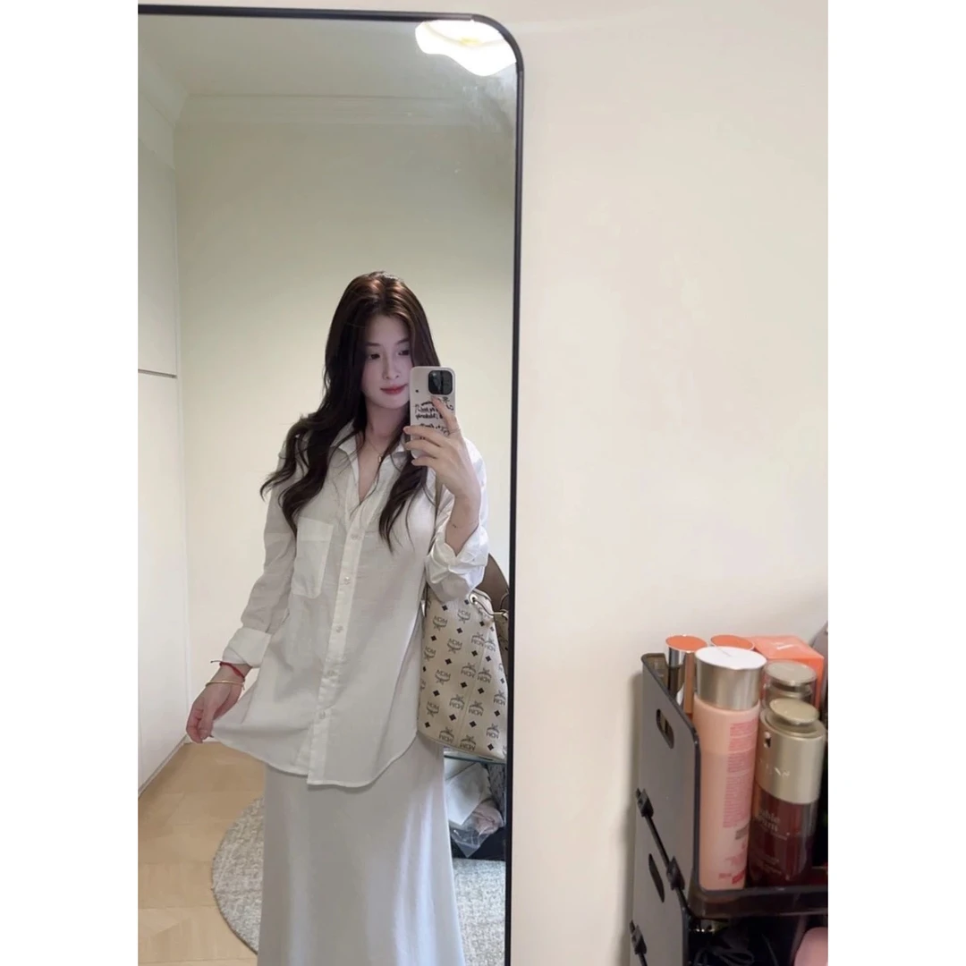 韩系白色亚麻棉薄款防晒长袖衬衫外套女夏季百搭宽松气质衬衣上衣