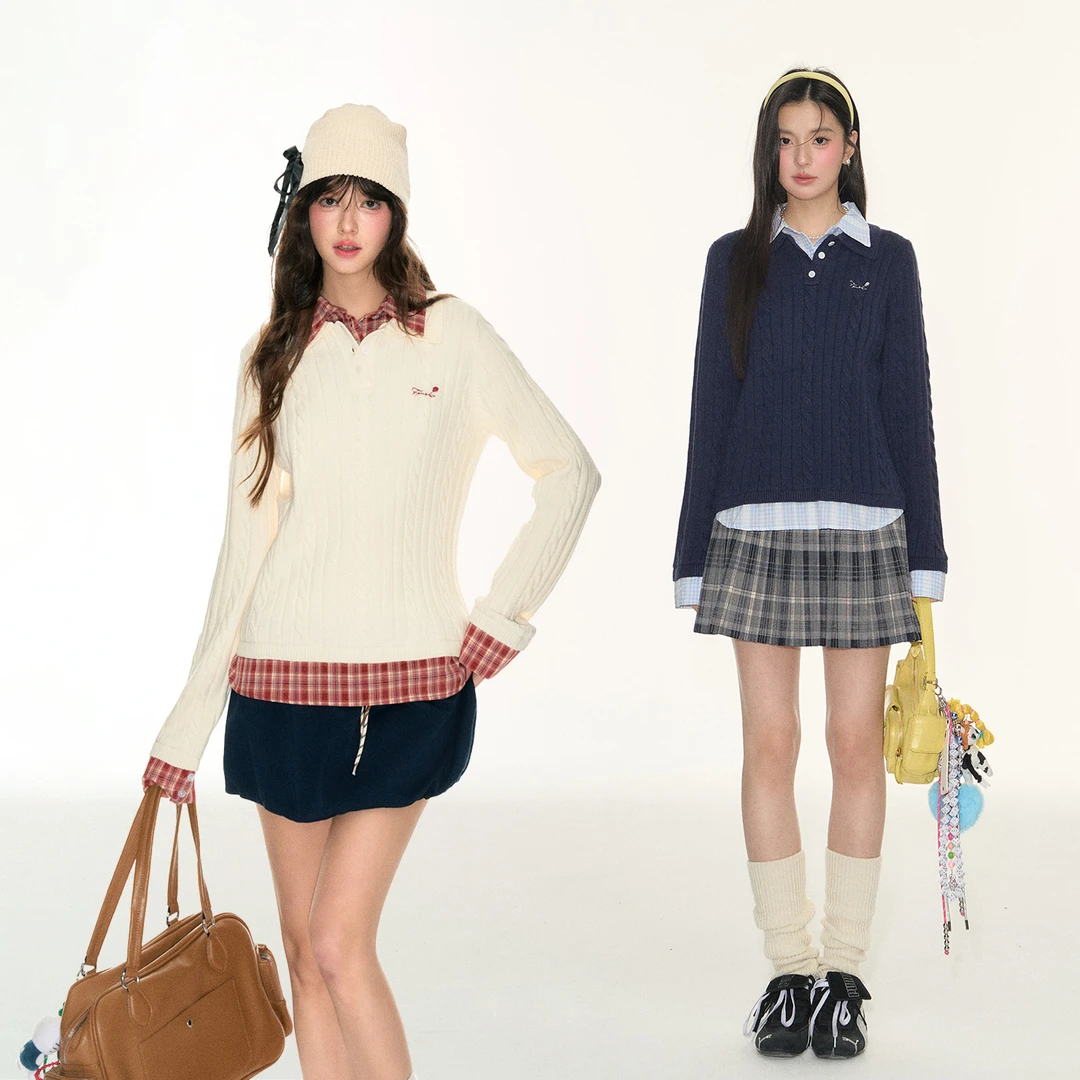 FPMZ学院风格子领衬衫假两件麻花纹套头polo毛衣针织衫长袖上衣