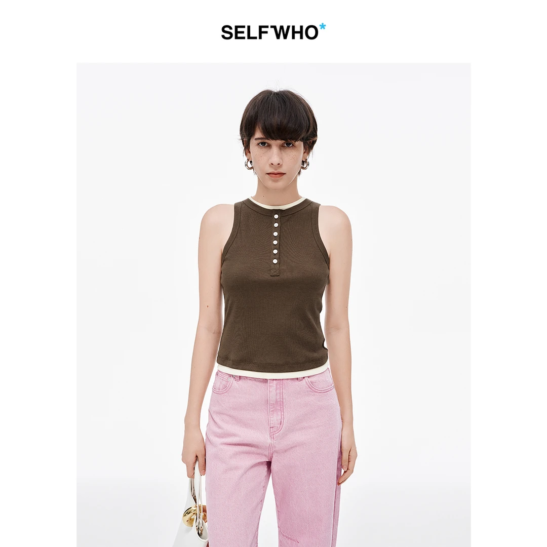 SELFWHO棉混纺假两件拼接撞色吊带背心女2025夏新款凉感修身上衣