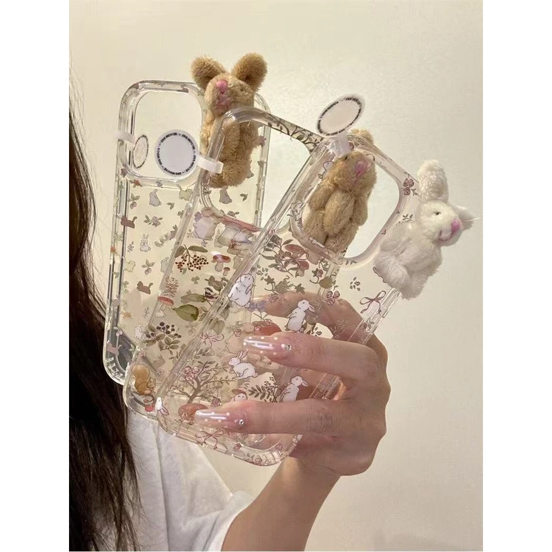 小碎花蘑菇毛绒兔子适用iPhone17Promax手机壳16苹果15卡通14防摔