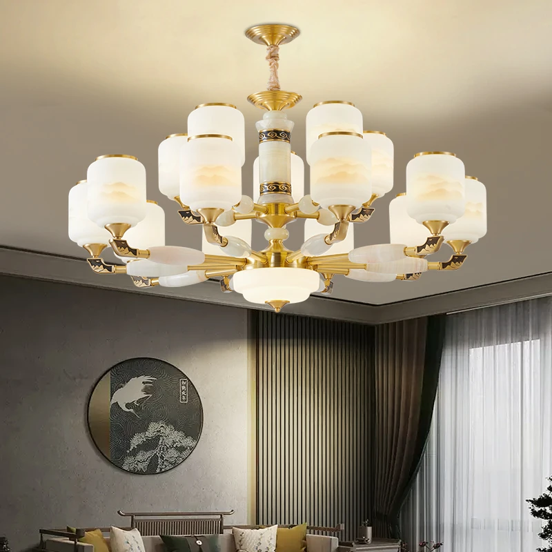 新中式全铜玉石客厅灯饰吊灯中国风别墅大灯2025年新款餐厅卧室灯