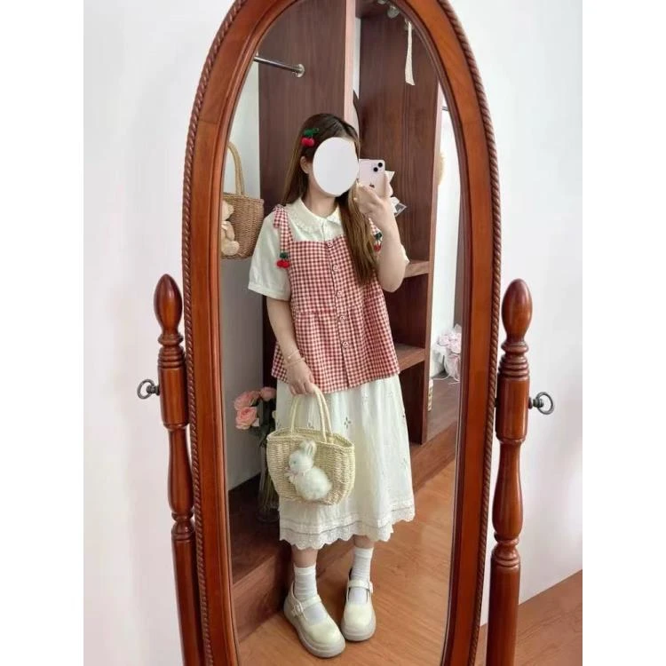 法式时尚套装上衣格纹泡泡袖连衣裙裙时尚格子衬衫蕾丝娃娃领7990