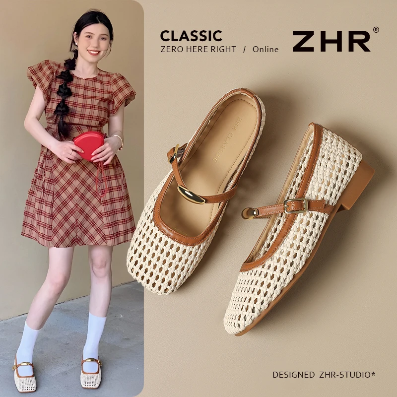 ZHR复古镂空透气玛丽珍女鞋2025新款编织一字带单鞋粗跟凉鞋防滑