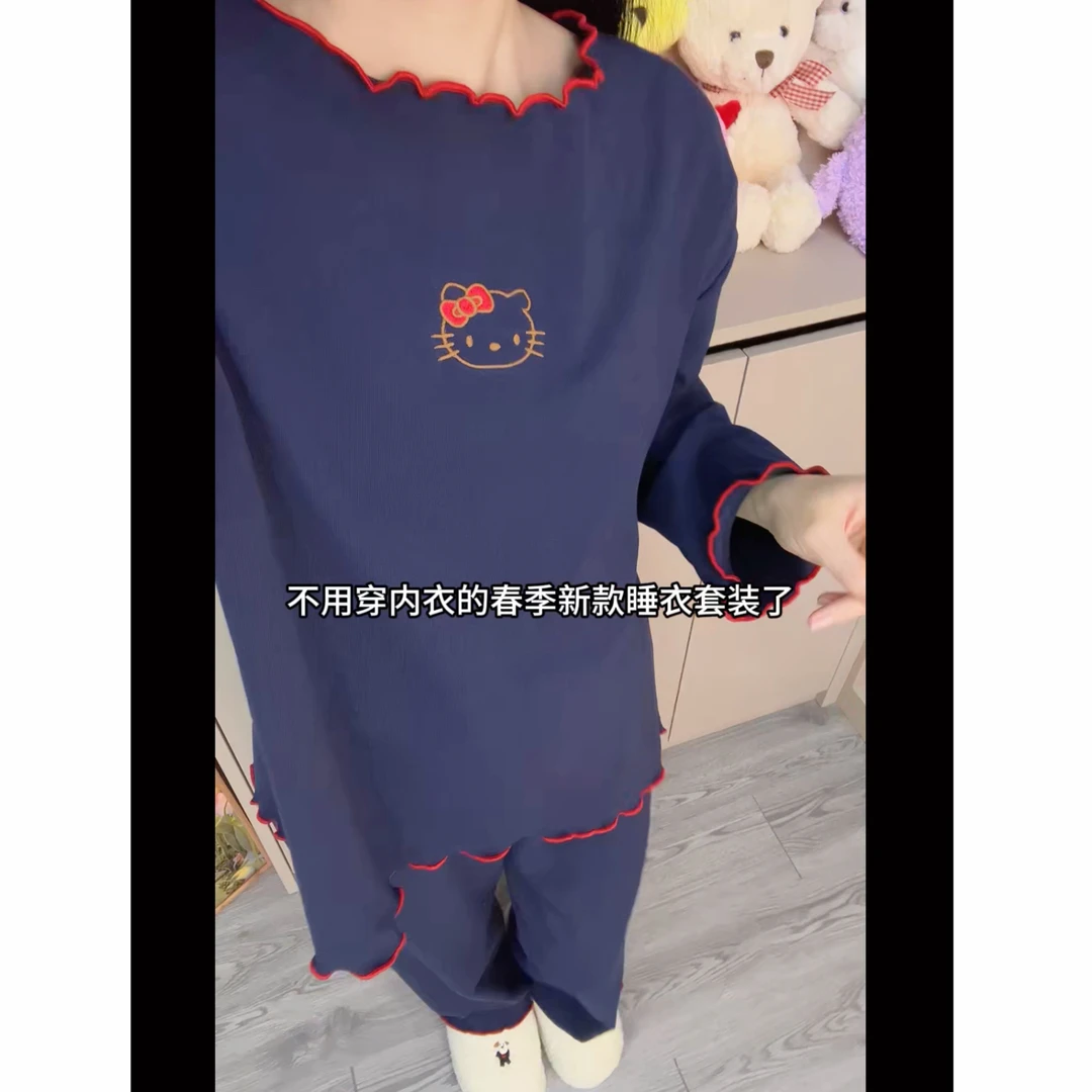 新款睡衣甜美卡通春季自带胸垫长袖家居服休闲宽松可外穿套装
