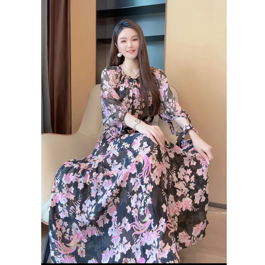【深圳米熙儿】100%桑蚕丝夏季印花宽松女装连衣裙1217