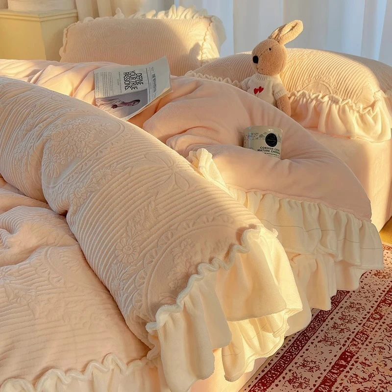 法式雕花绒花边四件套牛奶绒冬季公主风珊瑚绒面被套床单床上用品