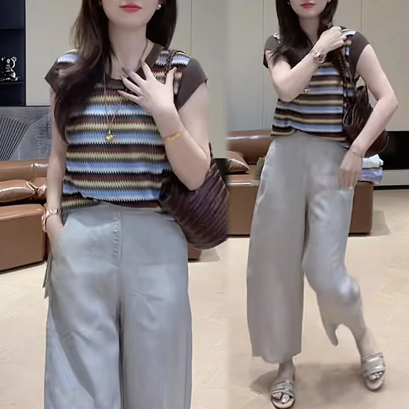 2025年夏季条纹V领无袖显瘦针织上衣女士休闲阔腿裤洋气时尚套装
