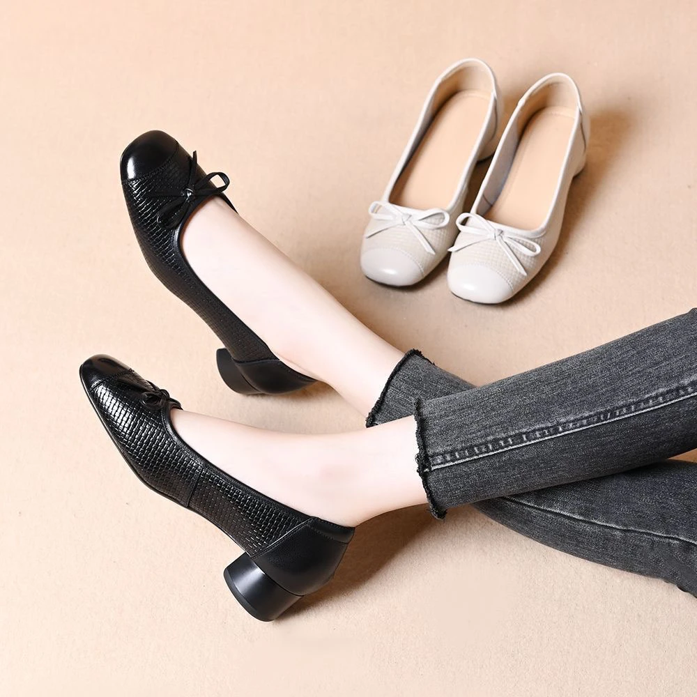 春秋季新款浅口2025年软皮方头女鞋时尚甜美蝴蝶结百搭舒适单鞋女