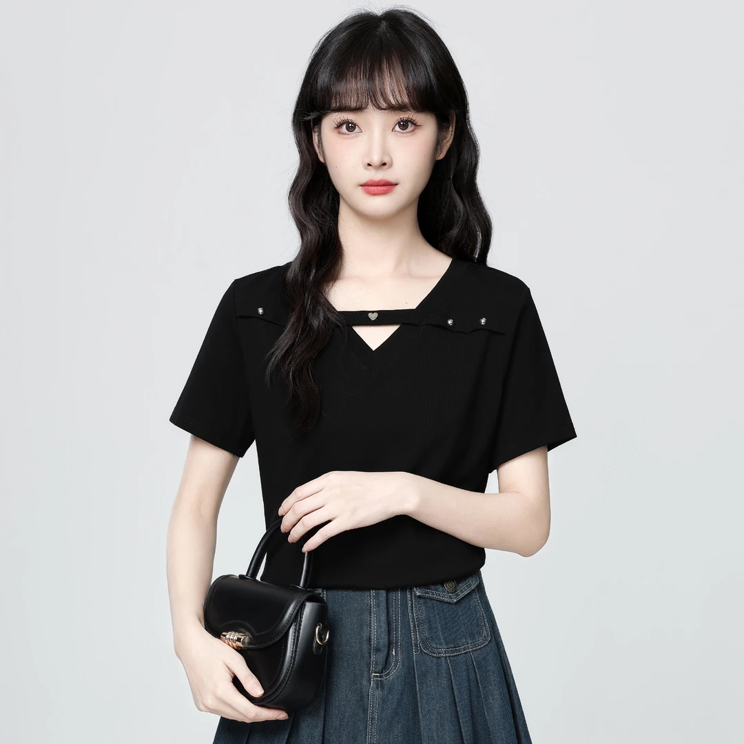 黑色镂空V领短袖T恤女夏2025夏季新款韩系百搭宽松体恤设计感上衣