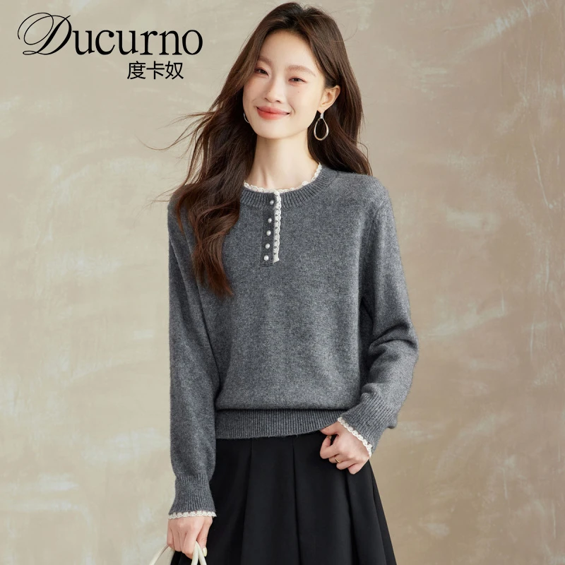 半高领蕾丝花边针织衫女秋冬2025新款长袖T恤显瘦内搭打底衫上衣