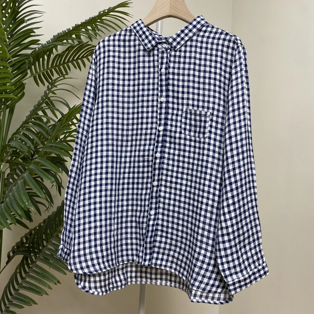 【汉麻翻领蓝白格口袋长袖衬衫】4166