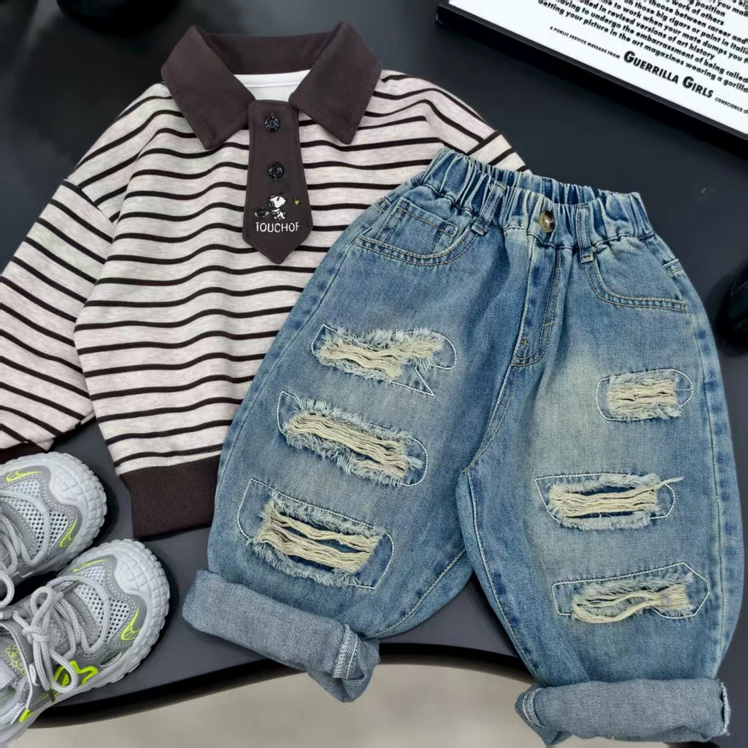 【秋上新】儿童潮宝酷帅风假破洞潮流休闲宽松水洗牛仔裤2004