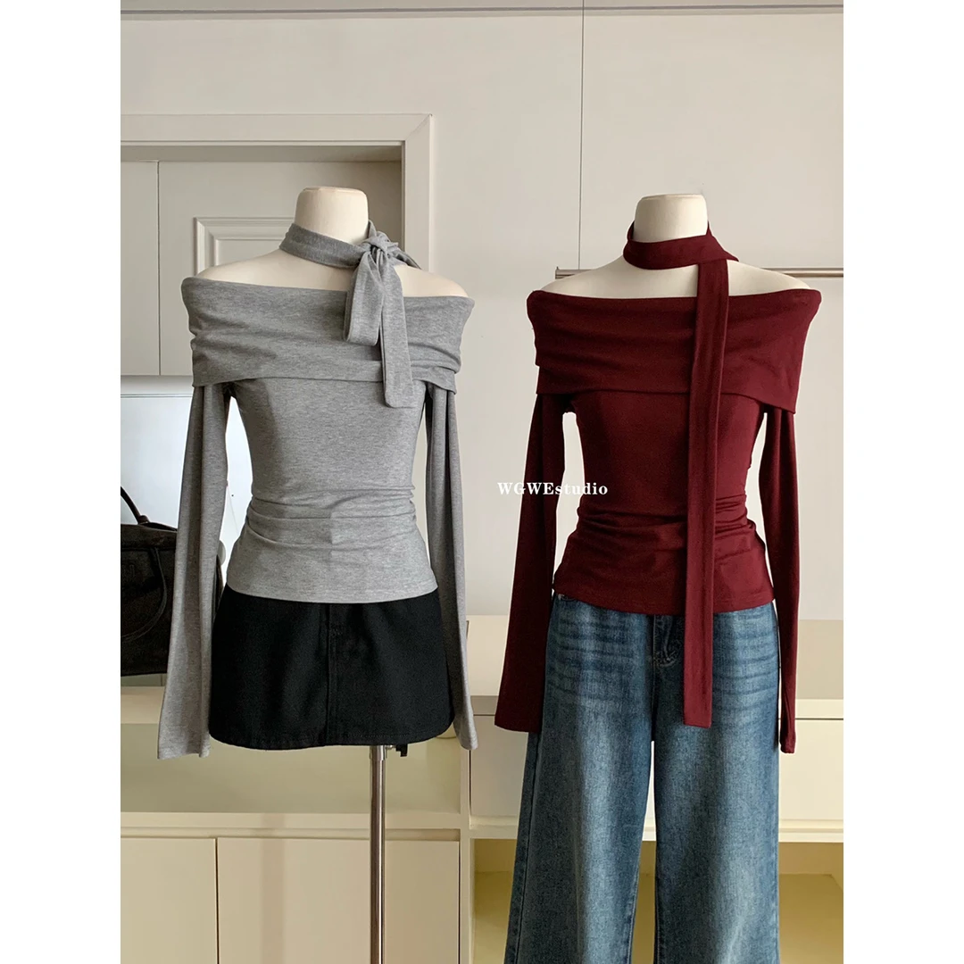 秋冬季一字肩挂脖飘带长袖内搭纯色简约可外穿打底衫修身上衣女