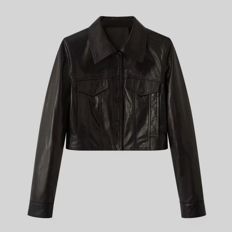 艾家-皮衣女2026春新款极简风短款翻领休闲百搭显瘦黑色外套1203