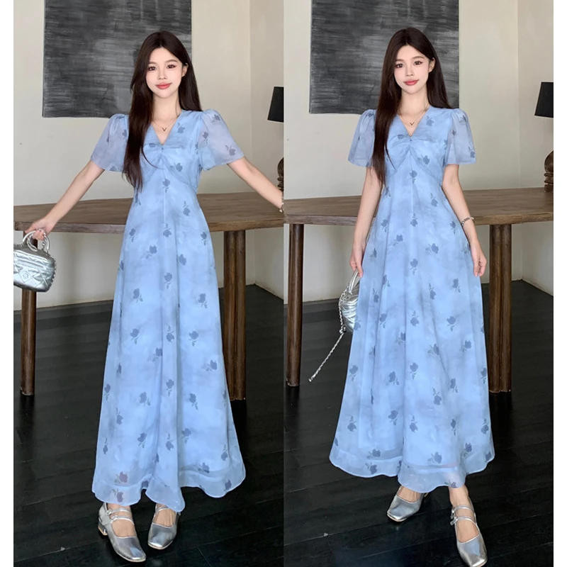 大码女装夏季新款韩系温柔风系带收腰显瘦轻薄连衣裙女