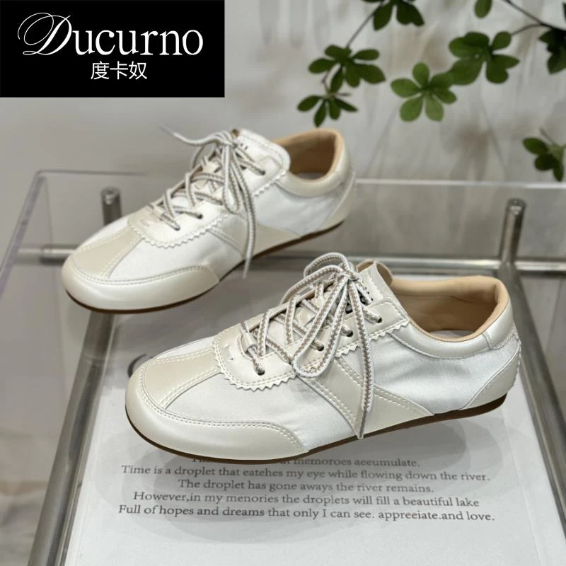 DUCURNO 小众复古平底阿甘鞋女2025夏季新款系带百搭休闲小白鞋子
