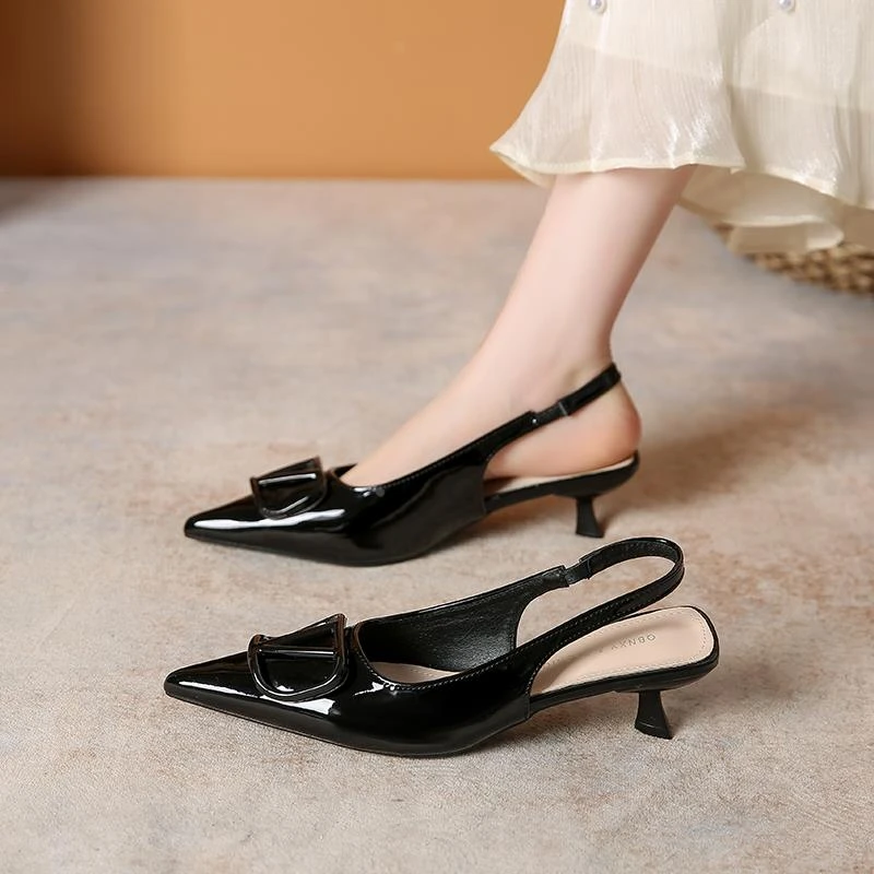 PinkAvril法式尖头高跟鞋女2025年夏季新款细跟后空V扣包头凉鞋细