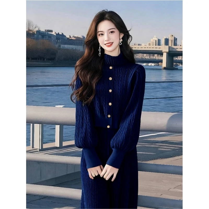 大码胖mm巨显瘦套装藏蓝色高领毛衣灯芯绒阔腿裤两件套女2025新款