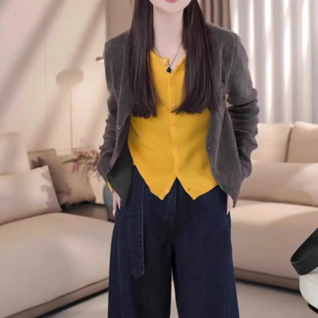 大码针织衫女秋冬装新款胖mm时尚慵懒休闲显瘦假两件百搭毛衣开衫